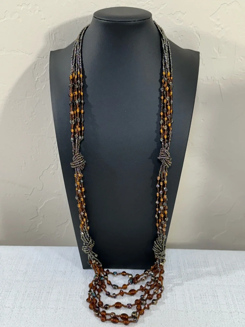 Multi-Strand Torsade Style Glass Brown, Amber & Iridescent Bead Necklace
